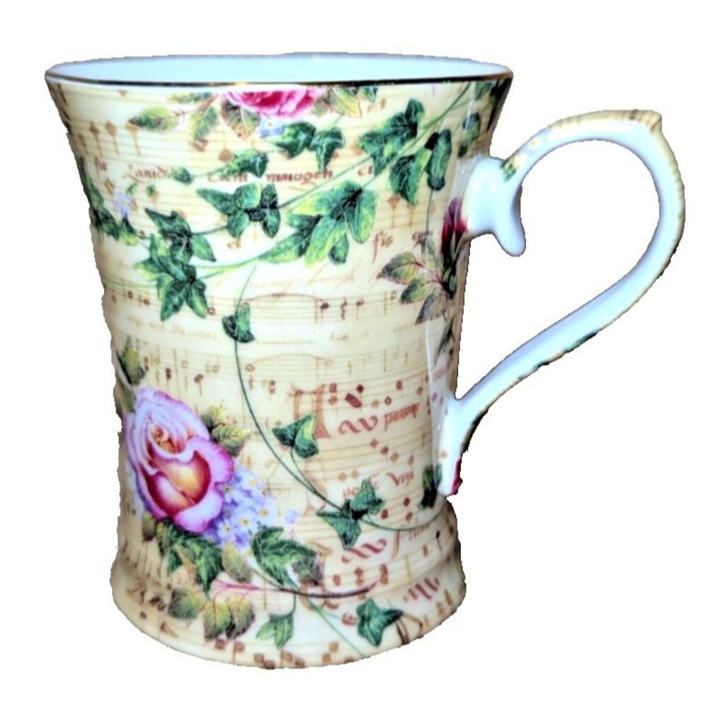American Atelier Melody Porcelain Cup Mug Rose Vines Music Notes 4.25-inch VTG